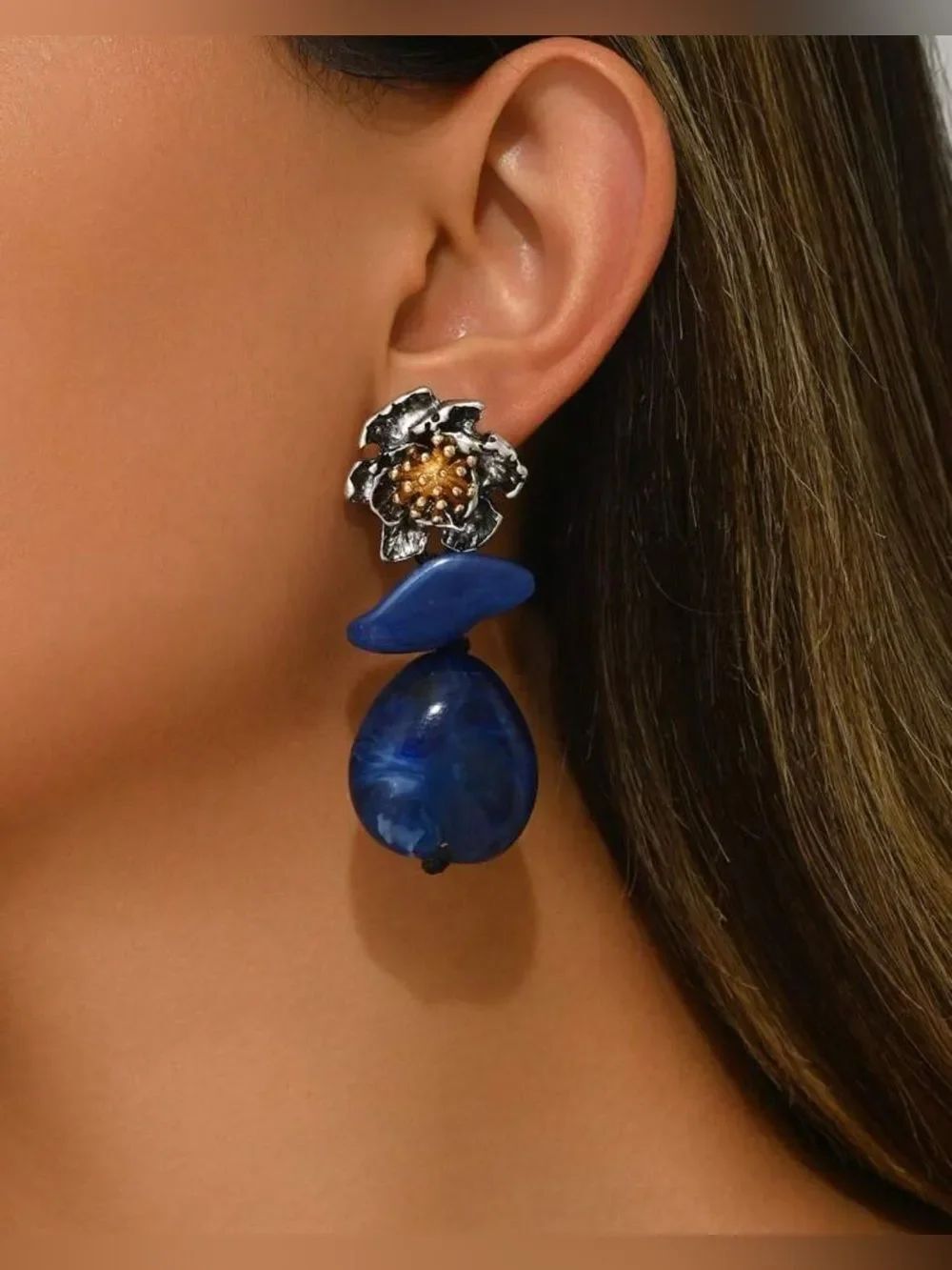 Blue Drop Earrings with Floral Stud A1711